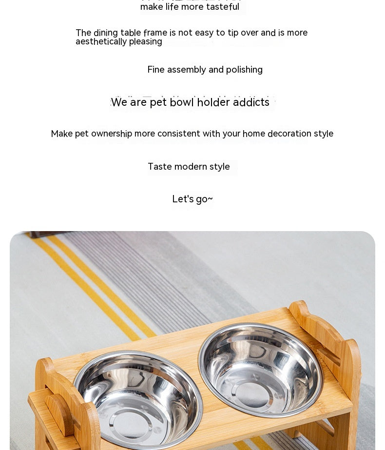 KFX-0344381 Stainless Steel Double Cat Food Bowl with Wooden Bracket Dining Trolley
