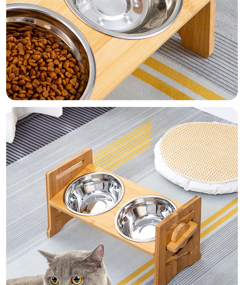 KFX-0344381 Stainless Steel Double Cat Food Bowl with Wooden Bracket Dining Trolley