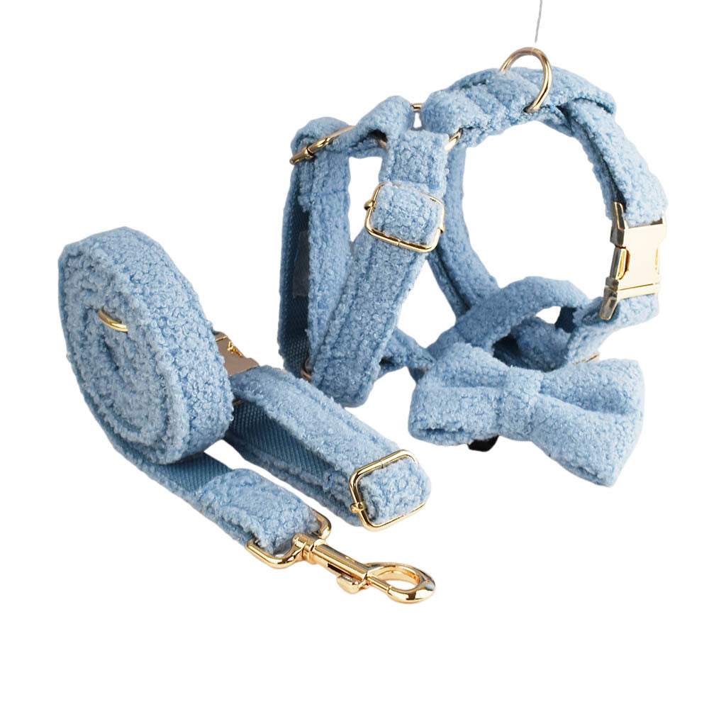 KFX-0346813 Blue Teddy Bear Dog Collar and Leash Set with Bow and Vest, Perfect for Pets and Gift-Giving