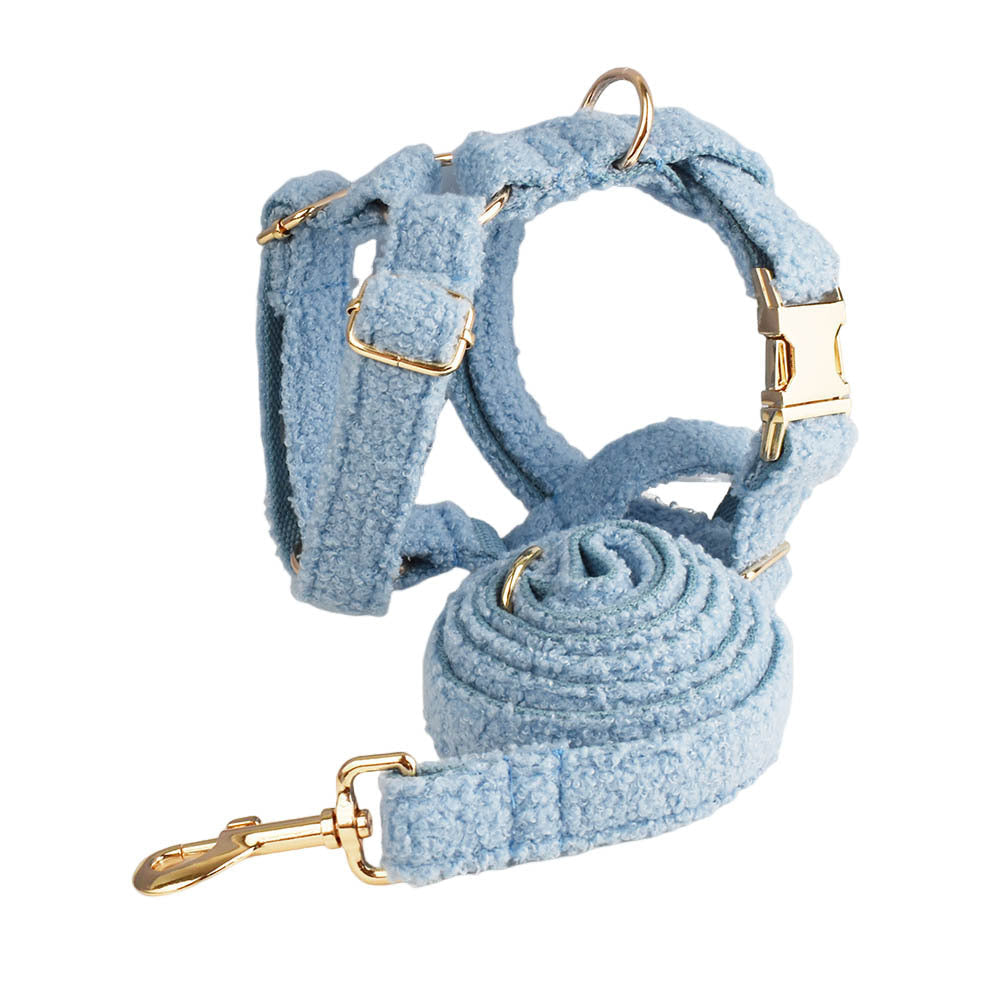 KFX-0346813 Blue Teddy Bear Dog Collar and Leash Set with Bow and Vest, Perfect for Pets and Gift-Giving