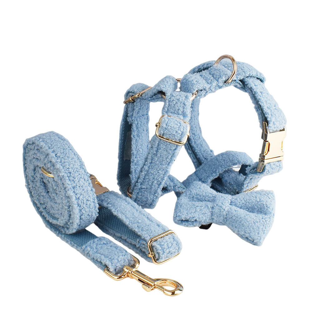 KFX-0346813 Blue Teddy Bear Dog Collar and Leash Set with Bow and Vest, Perfect for Pets and Gift-Giving