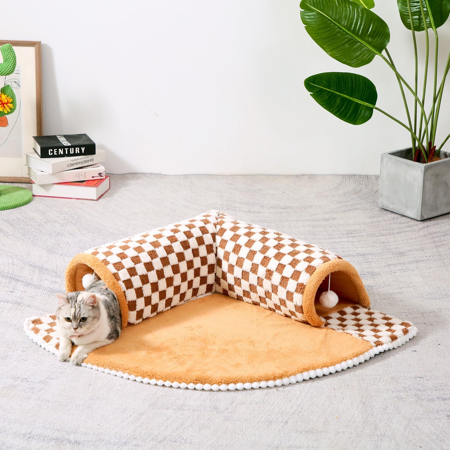 KFX-0347453 2-in-1 Plush Pet Bed Tunnel with Anti-Slip Base for Cats and Dogs