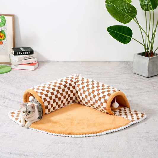 KFX-0347453 2-in-1 Plush Pet Bed Tunnel with Anti-Slip Base for Cats and Dogs