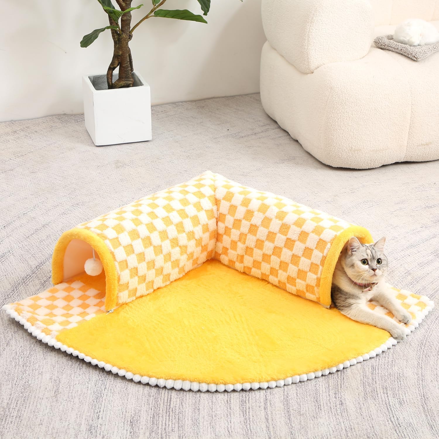 KFX-0347453 2-in-1 Plush Pet Bed Tunnel with Anti-Slip Base for Cats and Dogs