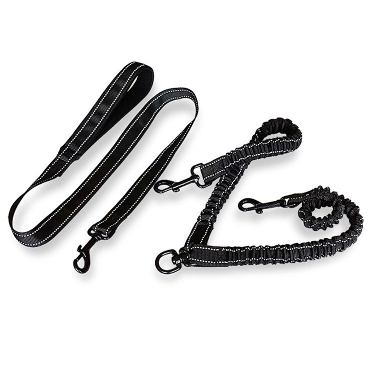 KFX-0349757 Dual-Headed Polyester Dog Leash with Elastic Foot, Black, 100cm Length, 2.5cm Width