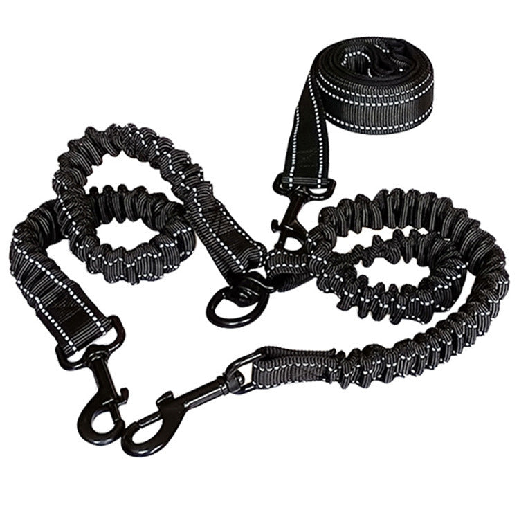 KFX-0349757 Dual-Headed Polyester Dog Leash with Elastic Foot, Black, 100cm Length, 2.5cm Width