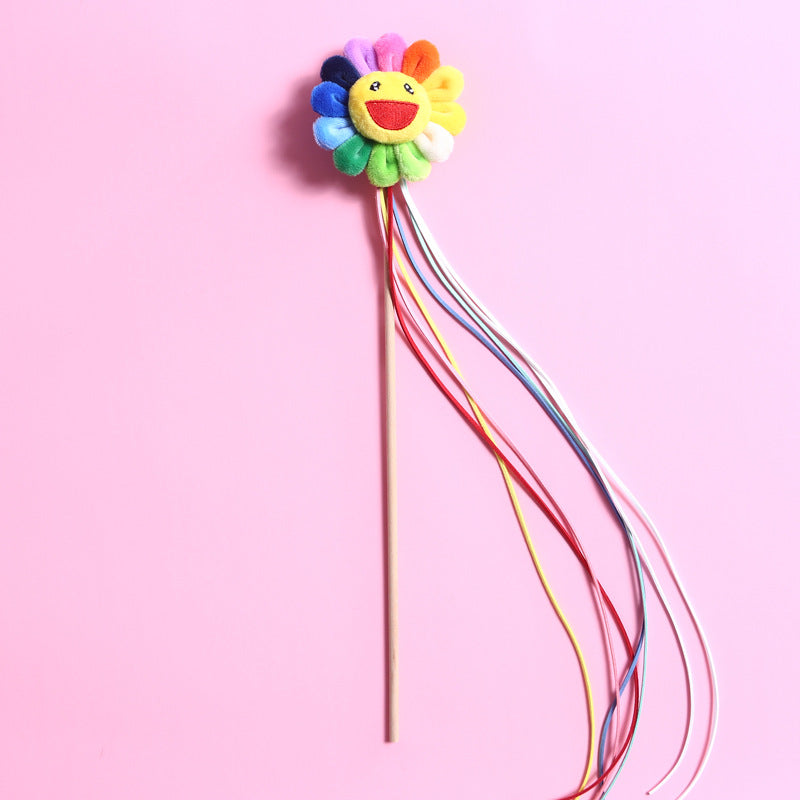 KFX-0352189 Three-Dimensional Rainbow Bow Tassel Cat Teasing Stick with Bells