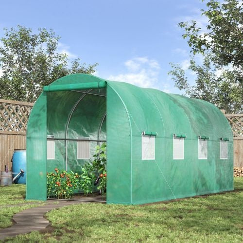 KFX-0353597 Outsunny Walk-In Tunnel Hoop Greenhouse 15' x 7' x 6.5' with PE Cover, Steel Frame, Zipper Door & Roll-Up Windows for Plants and Vegetables