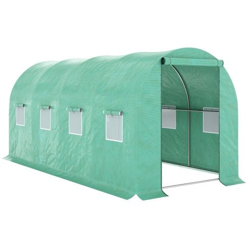 KFX-0353597 Outsunny Walk-In Tunnel Hoop Greenhouse 15' x 7' x 6.5' with PE Cover, Steel Frame, Zipper Door & Roll-Up Windows for Plants and Vegetables