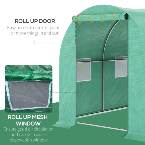 KFX-0353597 Outsunny Walk-In Tunnel Hoop Greenhouse 15' x 7' x 6.5' with PE Cover, Steel Frame, Zipper Door & Roll-Up Windows for Plants and Vegetables