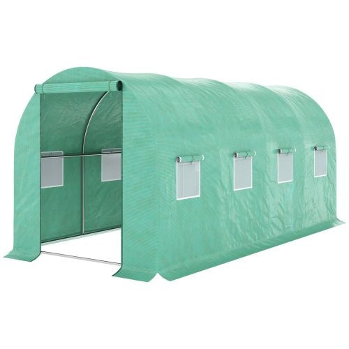 KFX-0353597 Outsunny Walk-In Tunnel Hoop Greenhouse 15' x 7' x 6.5' with PE Cover, Steel Frame, Zipper Door & Roll-Up Windows for Plants and Vegetables