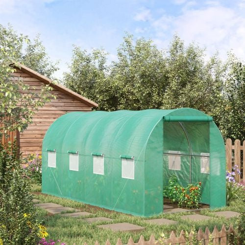 KFX-0353597 Outsunny Walk-In Tunnel Hoop Greenhouse 15' x 7' x 6.5' with PE Cover, Steel Frame, Zipper Door & Roll-Up Windows for Plants and Vegetables