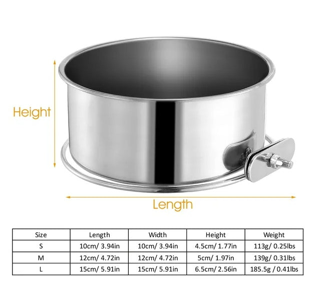 KFX-0353725 Detachable Stainless Steel Dog Bowl with Clamp for Pet Cages, Multiple Sizes Available