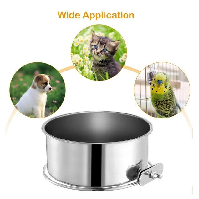 KFX-0353725 Detachable Stainless Steel Dog Bowl with Clamp for Pet Cages, Multiple Sizes Available