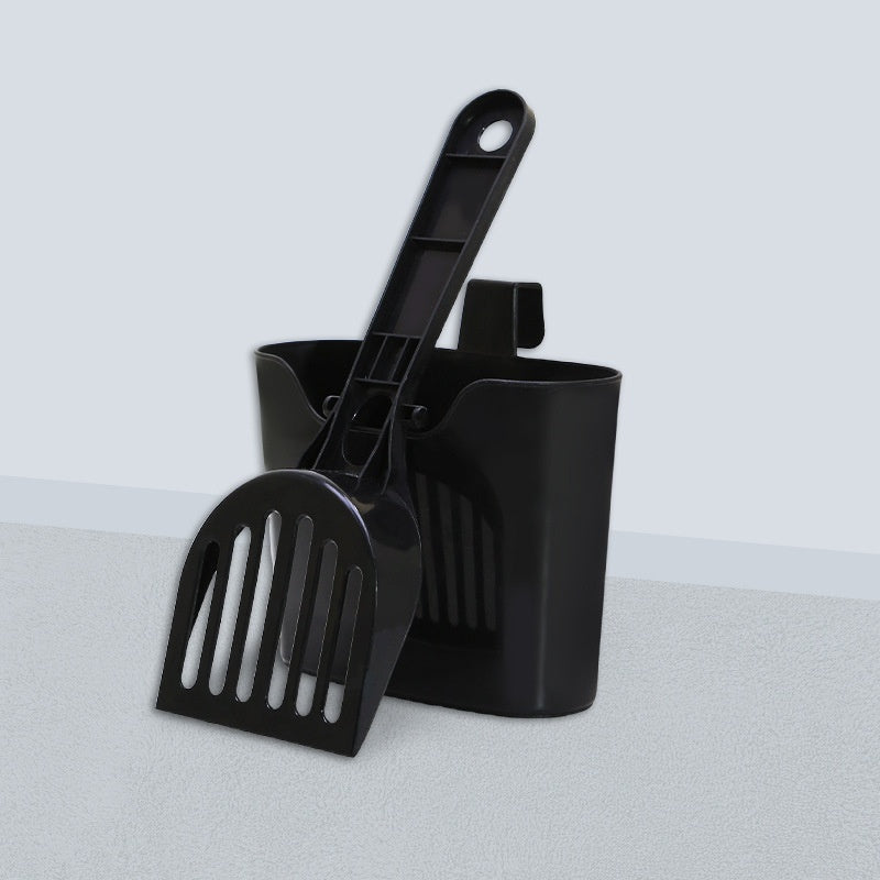 KFX-0355901 Cat Litter Scoop with Lengthened Handle and Storage Box - Black Plastic Design