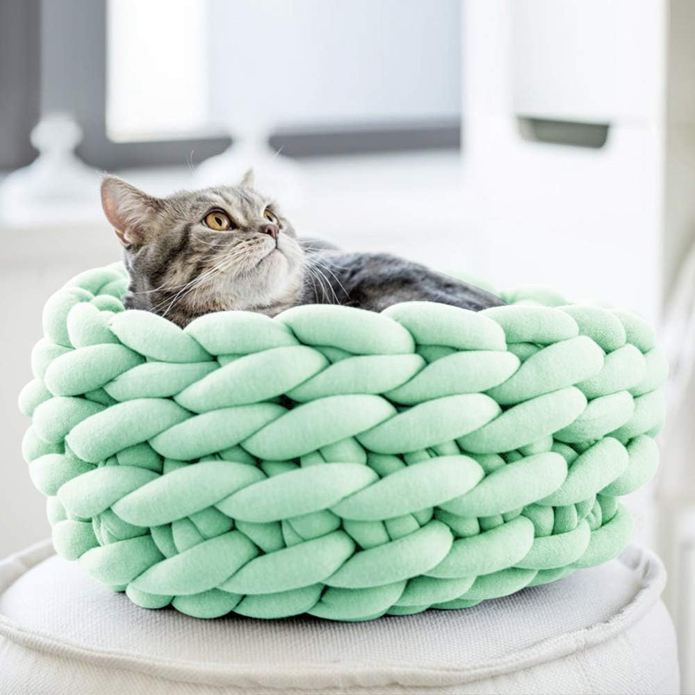 KFX-0357181 Cozy Cotton Knitted Round Cat Basket Bed - Soft Woven Pet Nest for Small Dogs and Cats