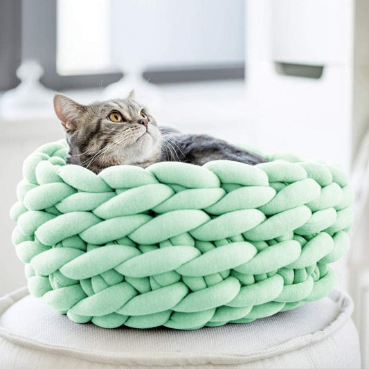 KFX-0357181 Cozy Cotton Knitted Round Cat Basket Bed - Soft Woven Pet Nest for Small Dogs and Cats