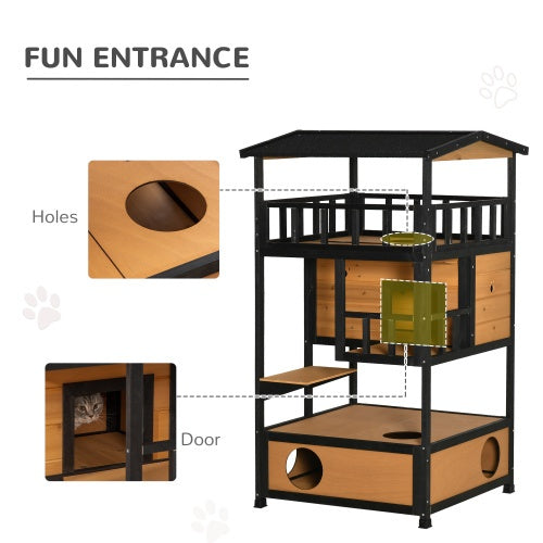 KFX-0358973 Wooden Outdoor Cat House with Escape Door and Jump Platforms, Indoor-Outdoor Cat Sanctuary