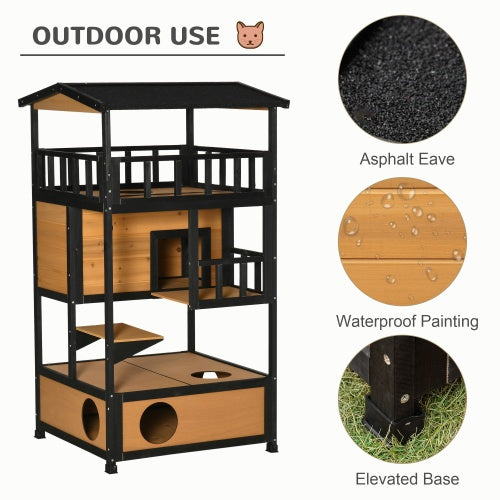 KFX-0358973 Wooden Outdoor Cat House with Escape Door and Jump Platforms, Indoor-Outdoor Cat Sanctuary