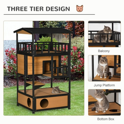 KFX-0358973 Wooden Outdoor Cat House with Escape Door and Jump Platforms, Indoor-Outdoor Cat Sanctuary