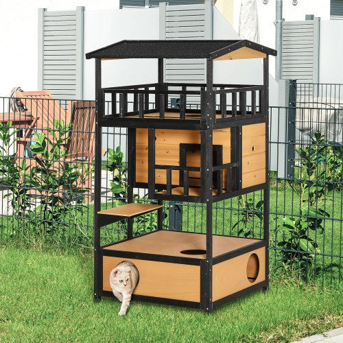 KFX-0358973 Wooden Outdoor Cat House with Escape Door and Jump Platforms, Indoor-Outdoor Cat Sanctuary