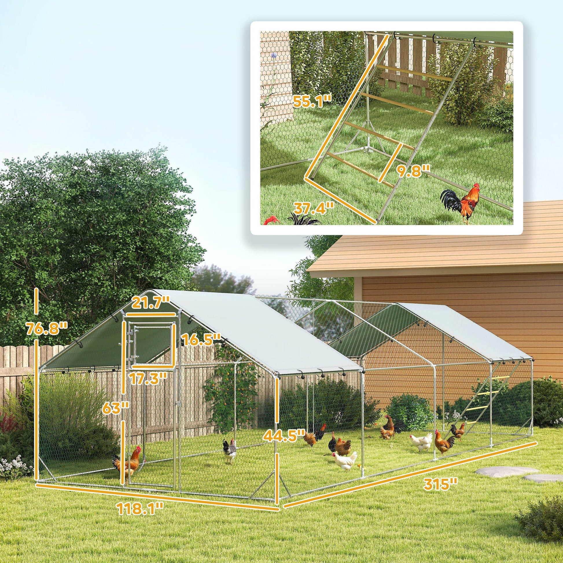 KFX-0359357 Spacious Metal Chicken Run with Waterproof Cover, Feeder, and Perches for 24-30 Chickens