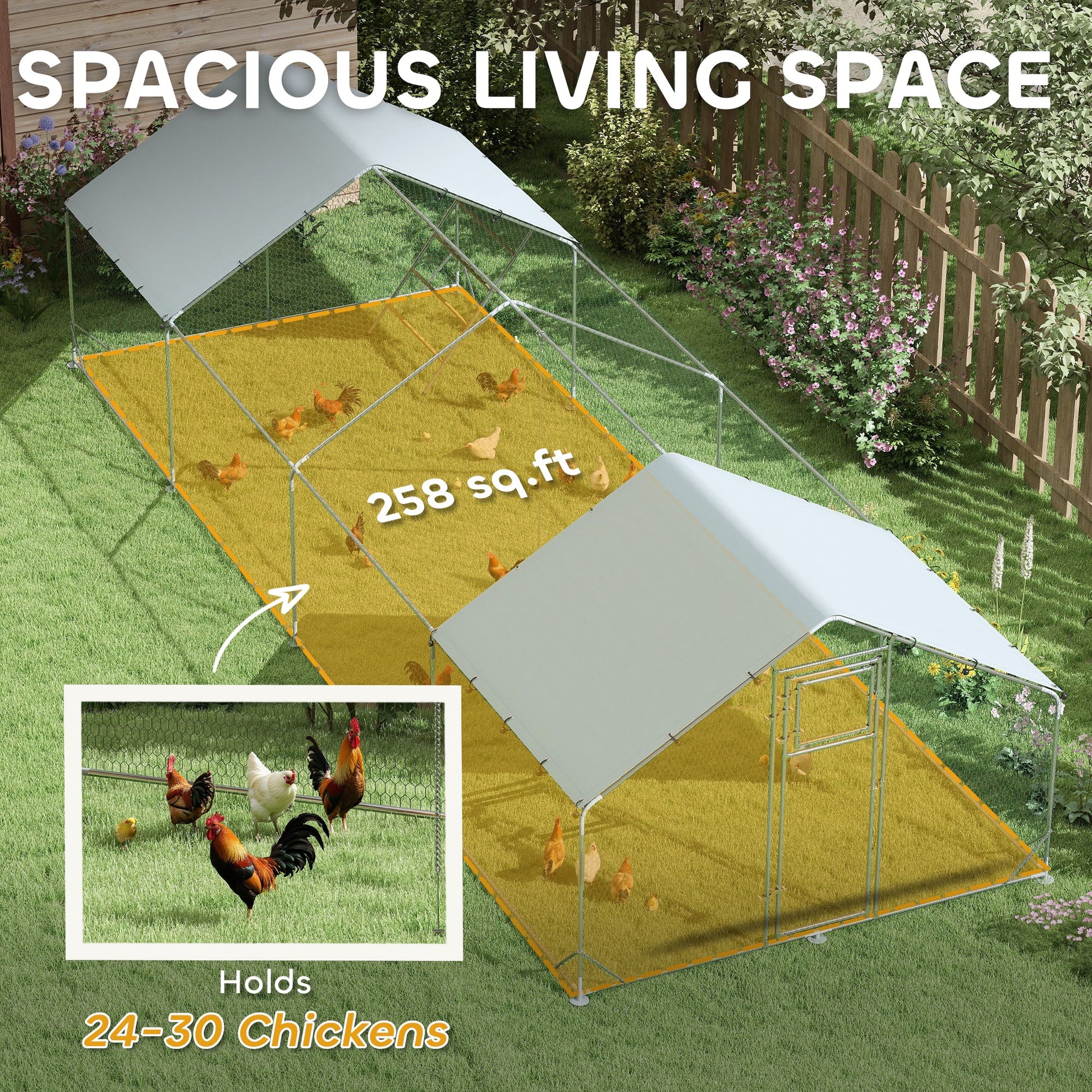 KFX-0359357 Spacious Metal Chicken Run with Waterproof Cover, Feeder, and Perches for 24-30 Chickens