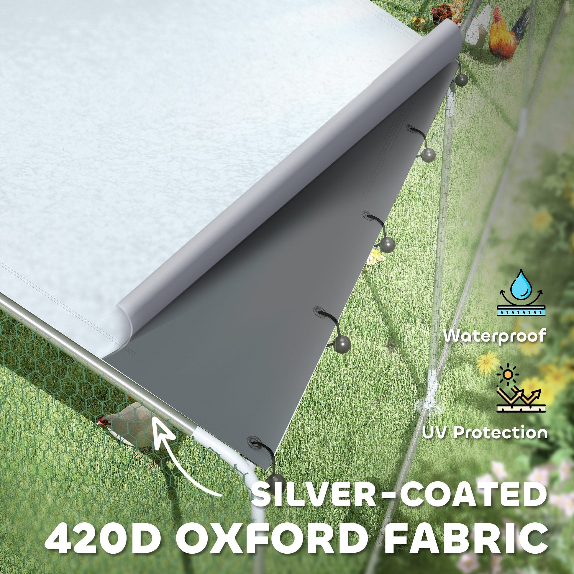 KFX-0359357 Spacious Metal Chicken Run with Waterproof Cover, Feeder, and Perches for 24-30 Chickens