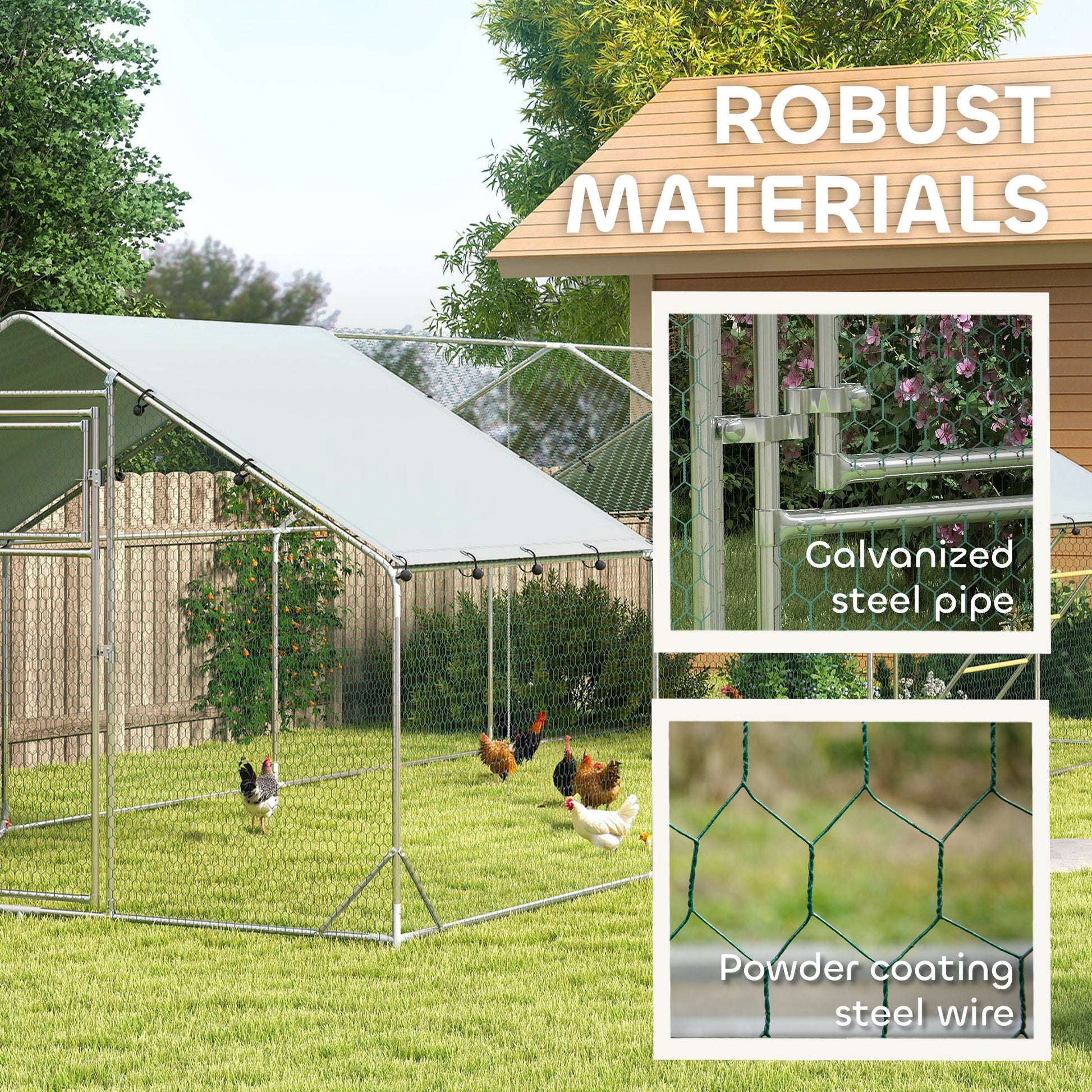 KFX-0359357 Spacious Metal Chicken Run with Waterproof Cover, Feeder, and Perches for 24-30 Chickens