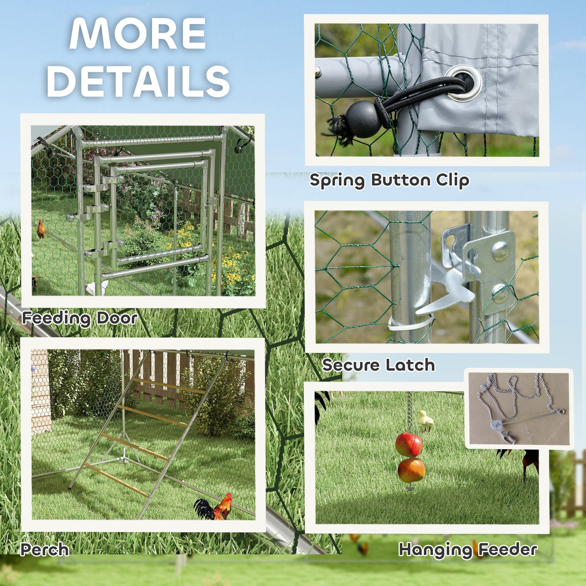 KFX-0359357 Spacious Metal Chicken Run with Waterproof Cover, Feeder, and Perches for 24-30 Chickens