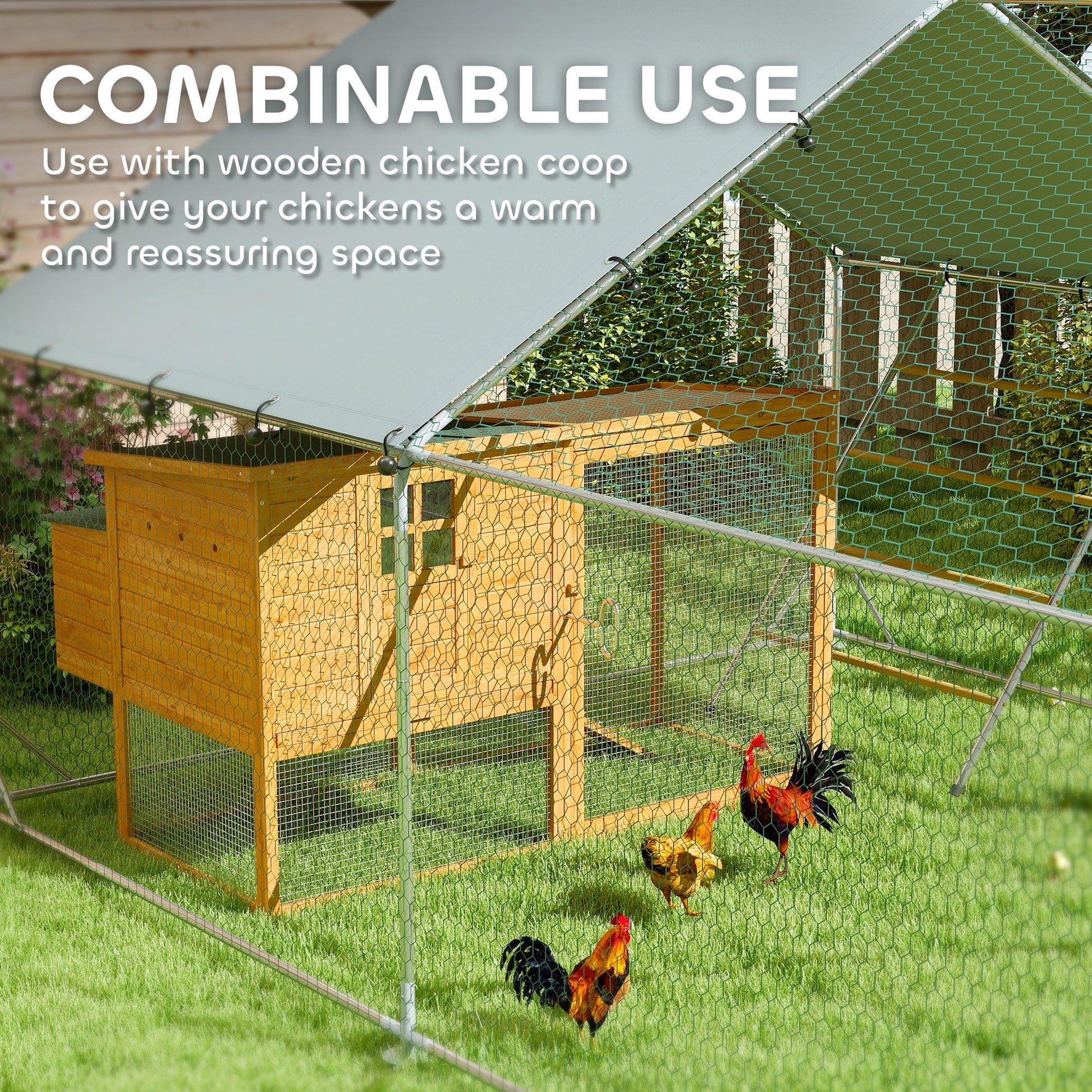 KFX-0359357 Spacious Metal Chicken Run with Waterproof Cover, Feeder, and Perches for 24-30 Chickens