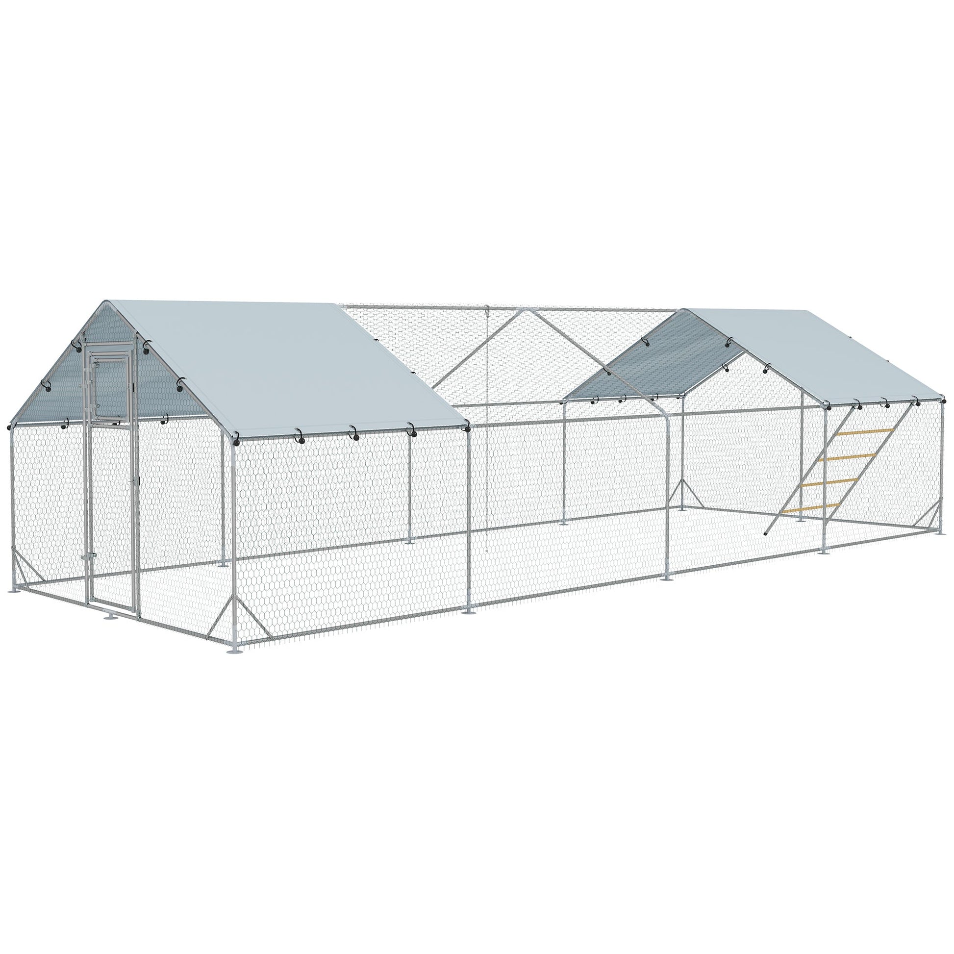 KFX-0359357 Spacious Metal Chicken Run with Waterproof Cover, Feeder, and Perches for 24-30 Chickens