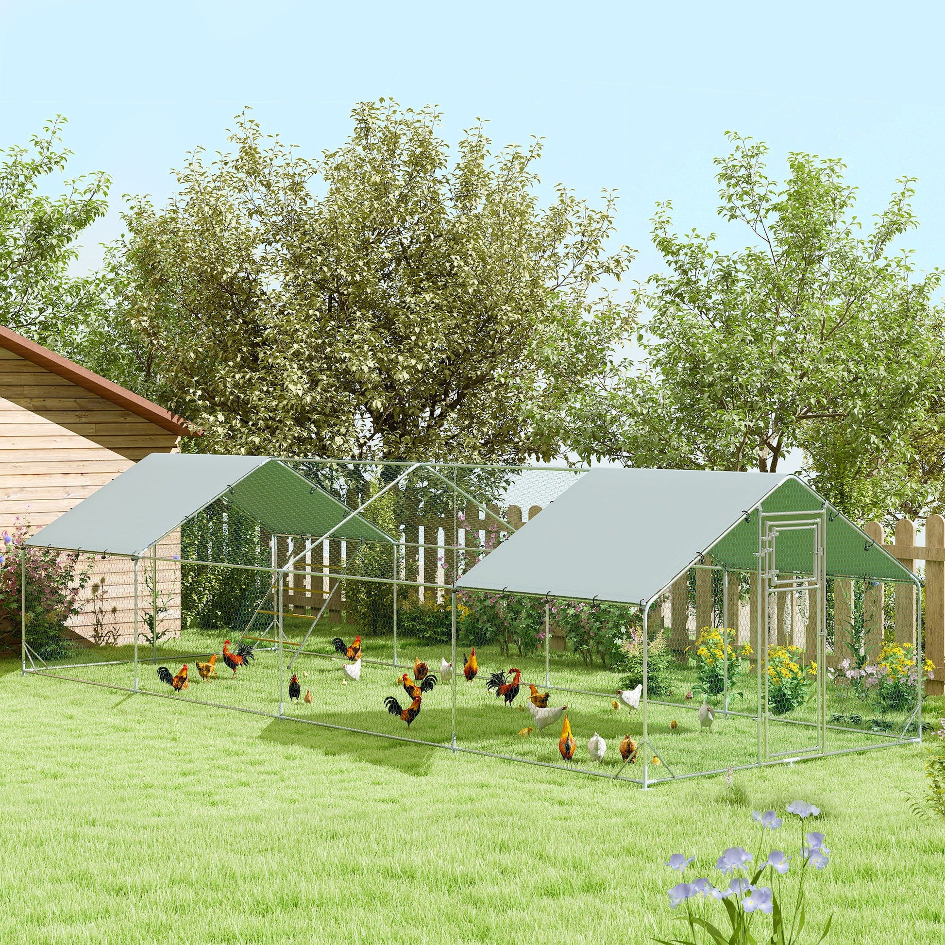KFX-0359357 Spacious Metal Chicken Run with Waterproof Cover, Feeder, and Perches for 24-30 Chickens