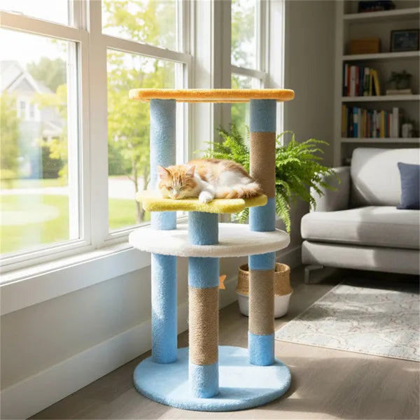 KFX-0370877 29" Blue Moon & Star Cat Tree with 4 Levels, Jute Scratching Posts, and Anti-Tipping Device for Kittens and Adult Cats