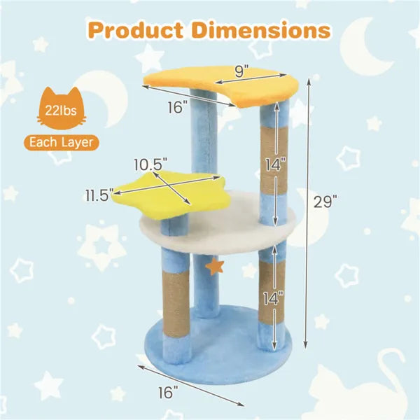 KFX-0370877 29" Blue Moon & Star Cat Tree with 4 Levels, Jute Scratching Posts, and Anti-Tipping Device for Kittens and Adult Cats