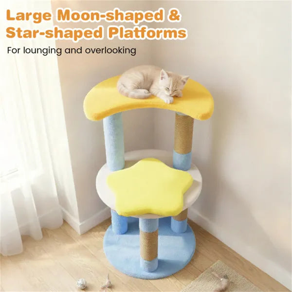 KFX-0370877 29" Blue Moon & Star Cat Tree with 4 Levels, Jute Scratching Posts, and Anti-Tipping Device for Kittens and Adult Cats