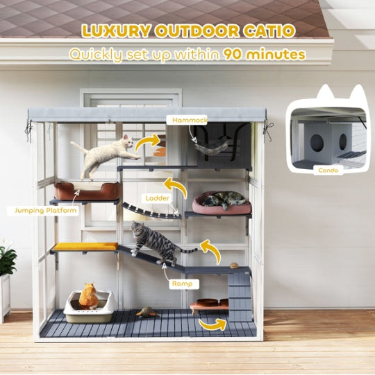 KFX-0371261 Spacious Cat Enclosure with Hammock, Ladders, Condo, and Waterproof Oxford Fabric