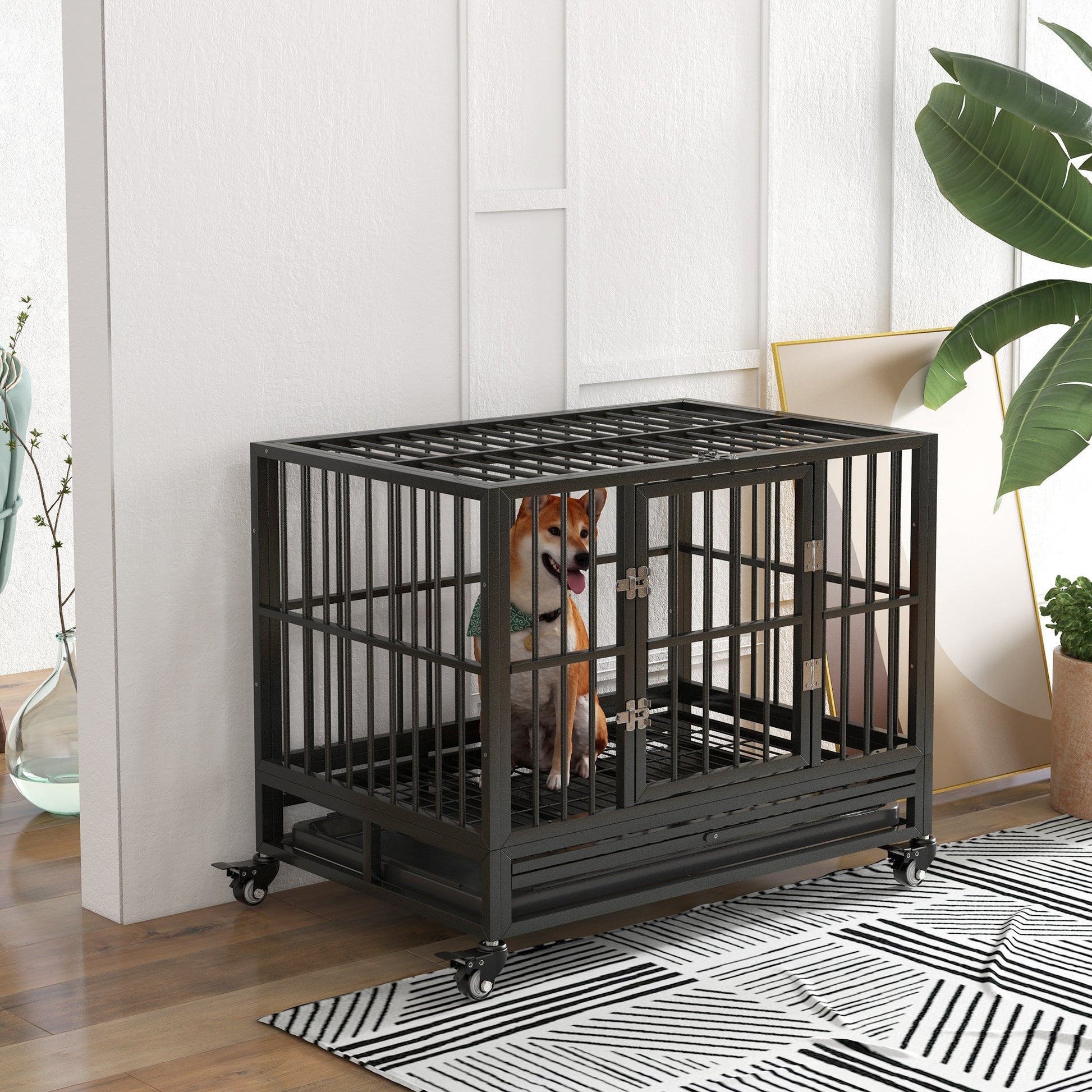 KFX-0380605 Heavy Duty 43" Dog Crate with Lockable Wheels and Dual Access Doors