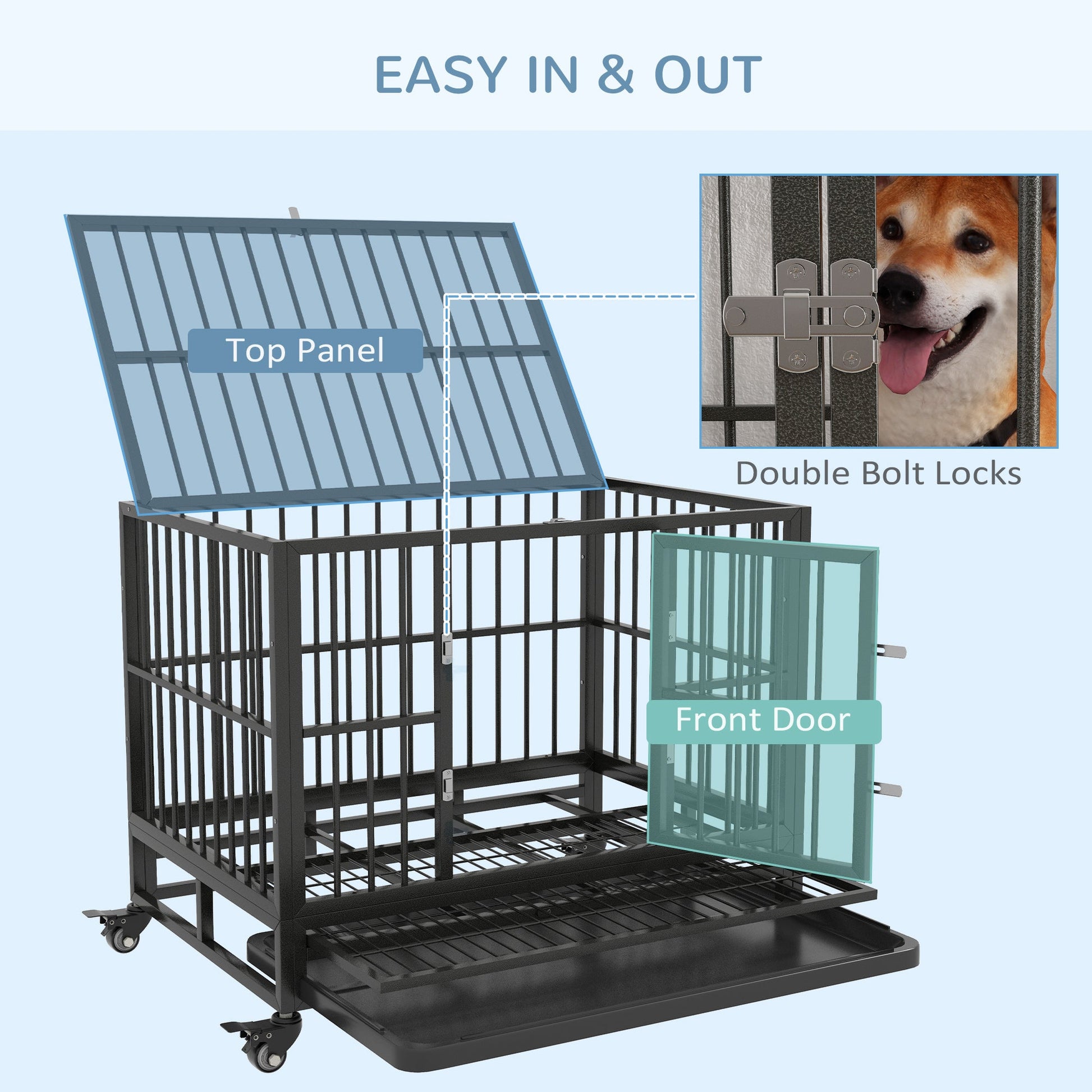 KFX-0380605 Heavy Duty 43" Dog Crate with Lockable Wheels and Dual Access Doors