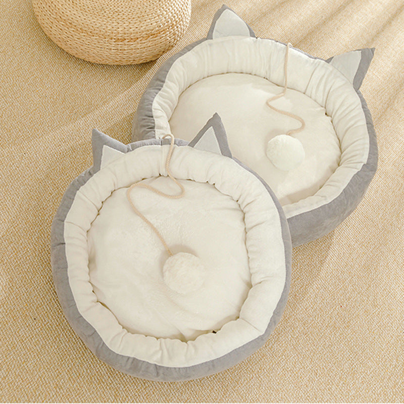 KFX-0380989 Suede Cat Litter Mat with Cat Ear Design - 36cm Diameter, M Size