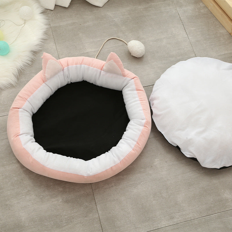 KFX-0380989 Suede Cat Litter Mat with Cat Ear Design - 36cm Diameter, M Size