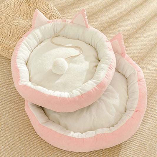 KFX-0380989 Suede Cat Litter Mat with Cat Ear Design - 36cm Diameter, M Size