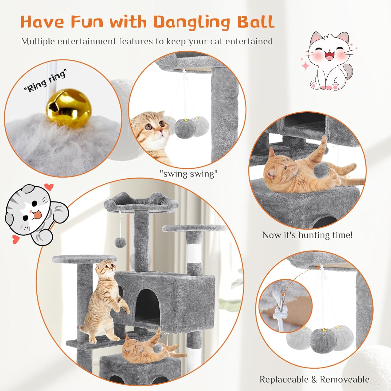 KFX-0386365 Multi-Level Cat Tree with Sisal Posts, Indoor Climbing Structure, Cozy Cat Apartments, and Plush Toys