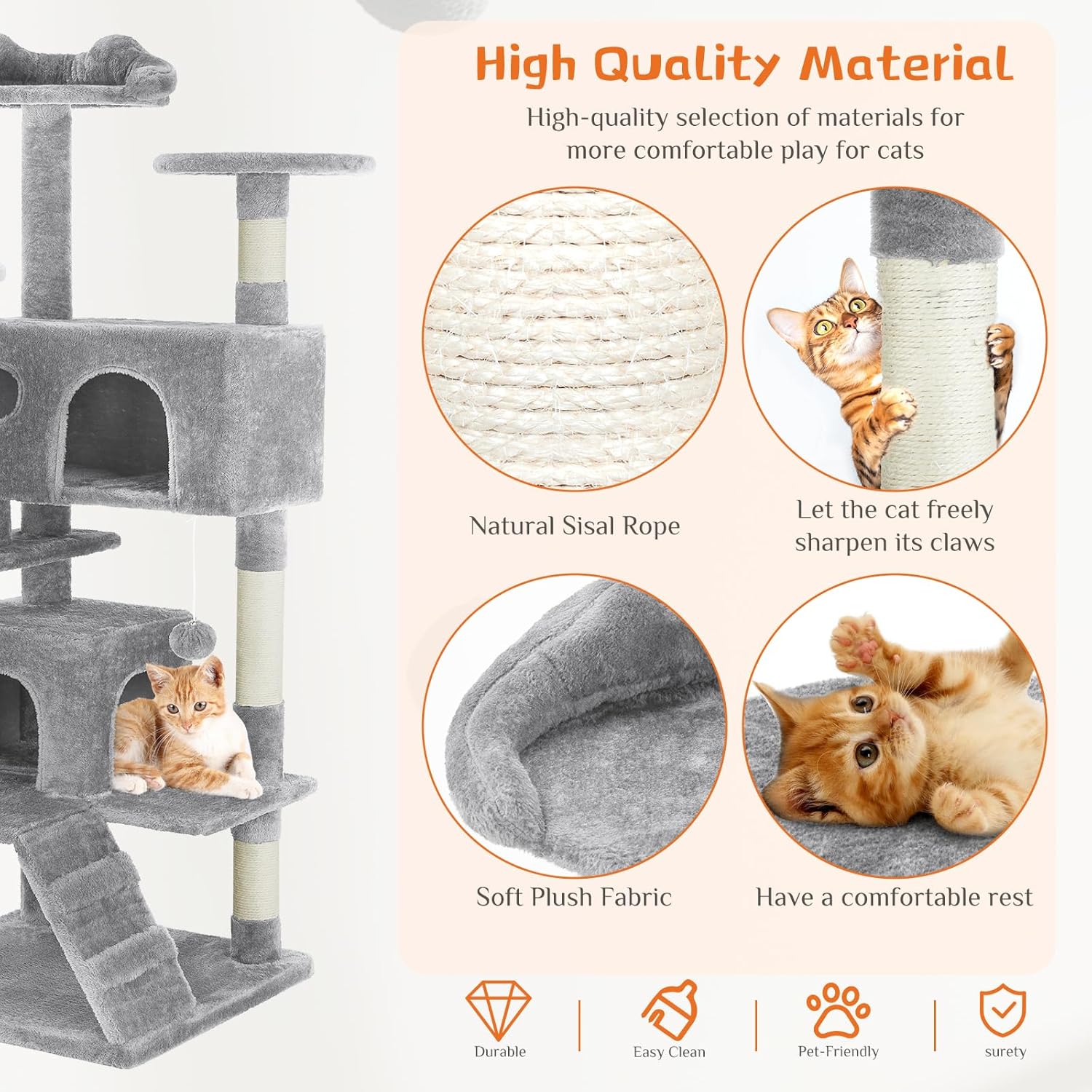 KFX-0386365 Multi-Level Cat Tree with Sisal Posts, Indoor Climbing Structure, Cozy Cat Apartments, and Plush Toys
