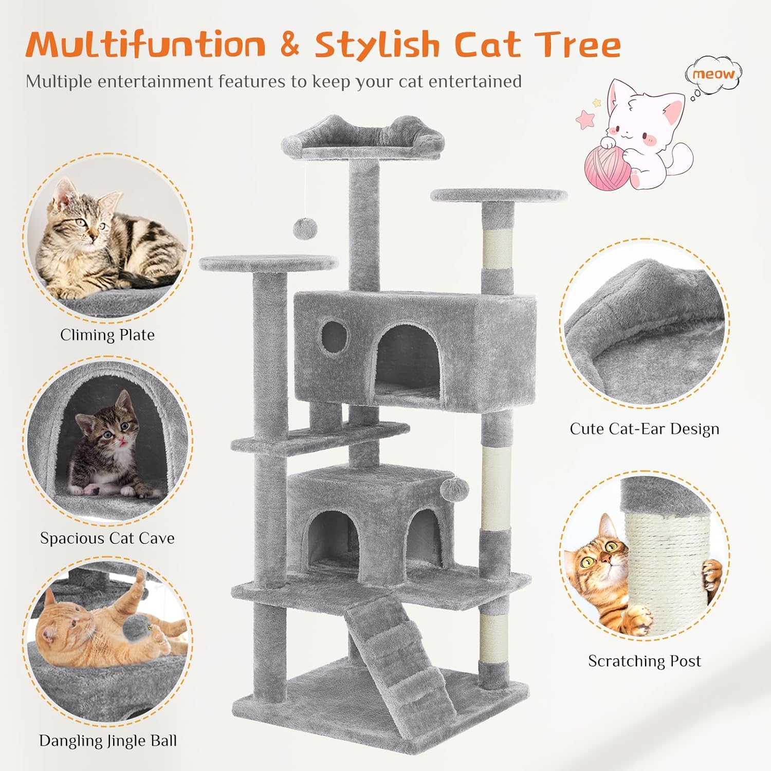 KFX-0386365 Multi-Level Cat Tree with Sisal Posts, Indoor Climbing Structure, Cozy Cat Apartments, and Plush Toys