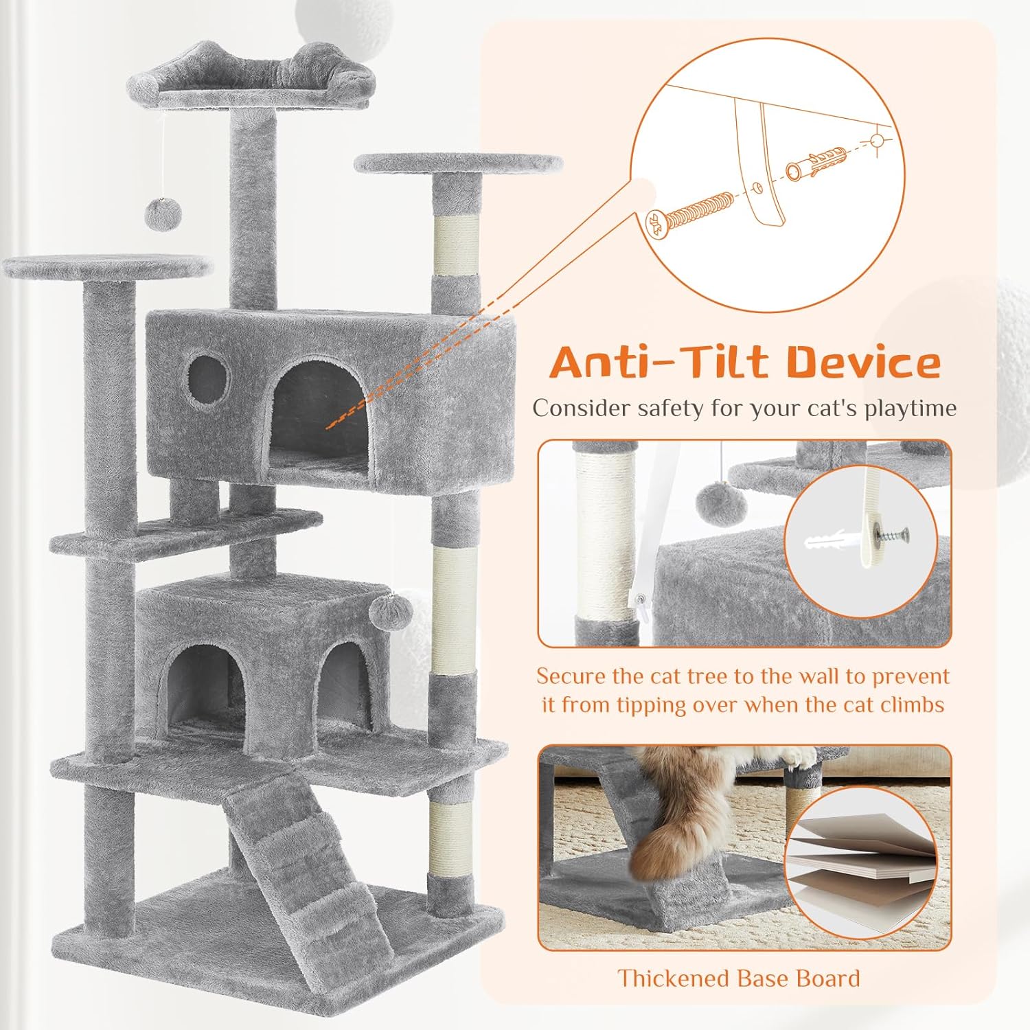 KFX-0386365 Multi-Level Cat Tree with Sisal Posts, Indoor Climbing Structure, Cozy Cat Apartments, and Plush Toys
