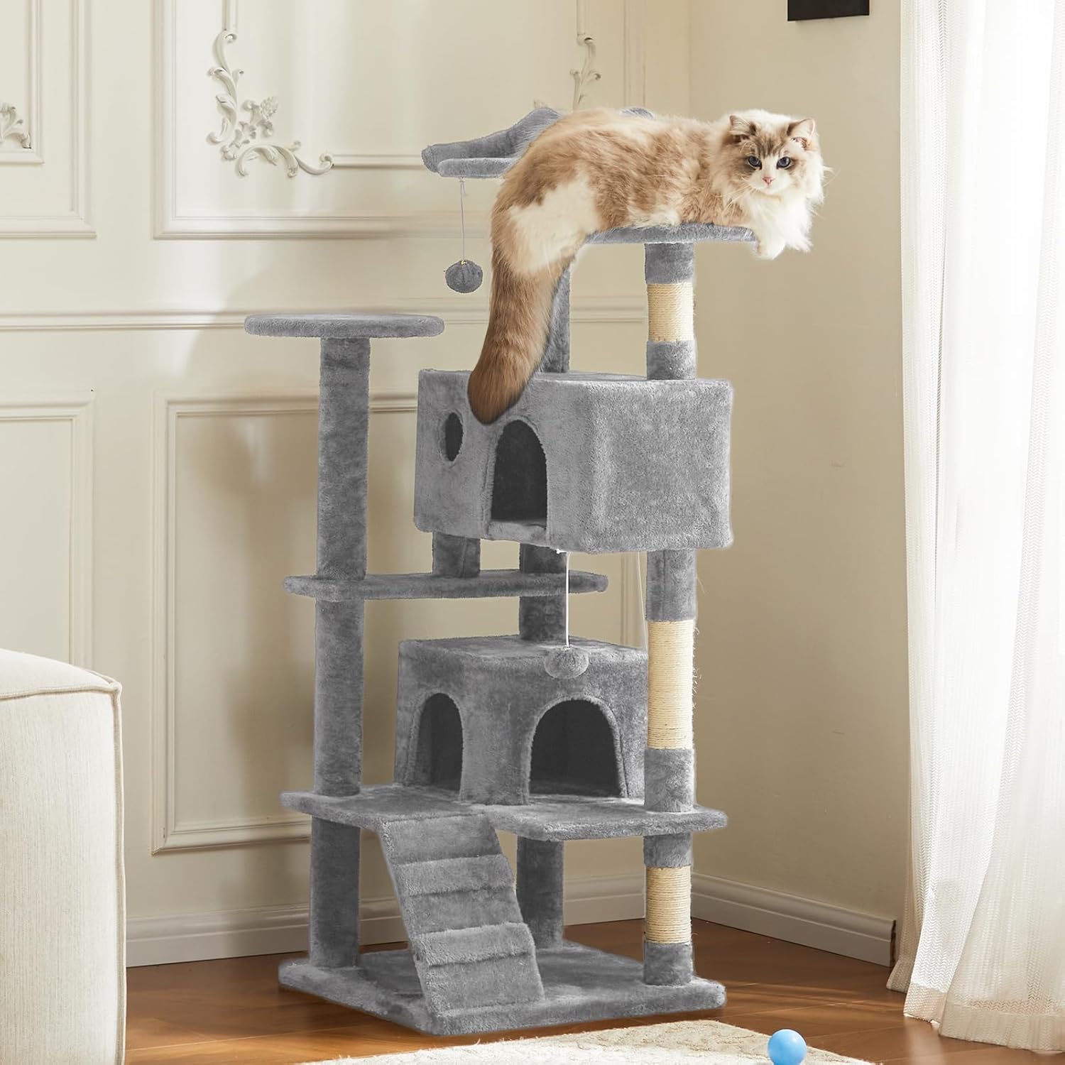 KFX-0386365 Multi-Level Cat Tree with Sisal Posts, Indoor Climbing Structure, Cozy Cat Apartments, and Plush Toys