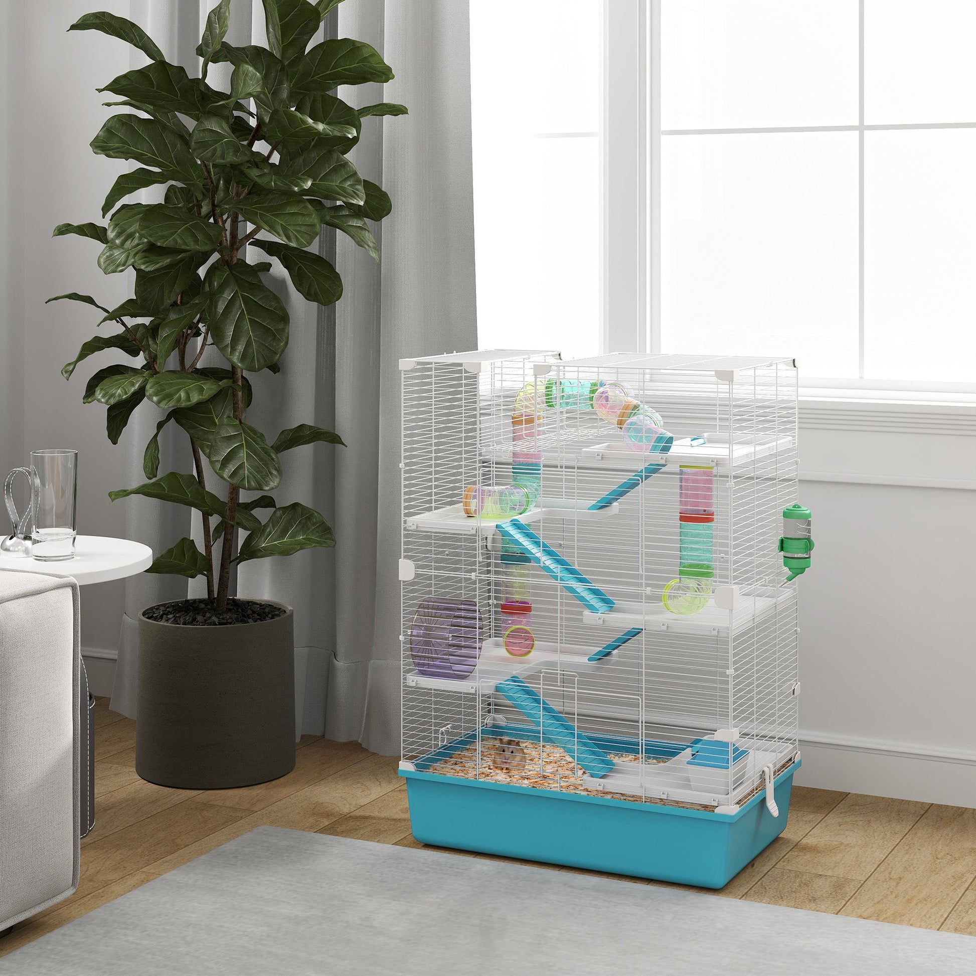 KFX-0392125 6-Tier Hamster Cage with Colorful Tubes, Ramps, Wheel, Hut, Food Dish & Water Bottle for Dwarf Hamsters and Gerbils - Light Blue