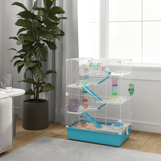 KFX-0392125 6-Tier Hamster Cage with Colorful Tubes, Ramps, Wheel, Hut, Food Dish & Water Bottle for Dwarf Hamsters and Gerbils - Light Blue