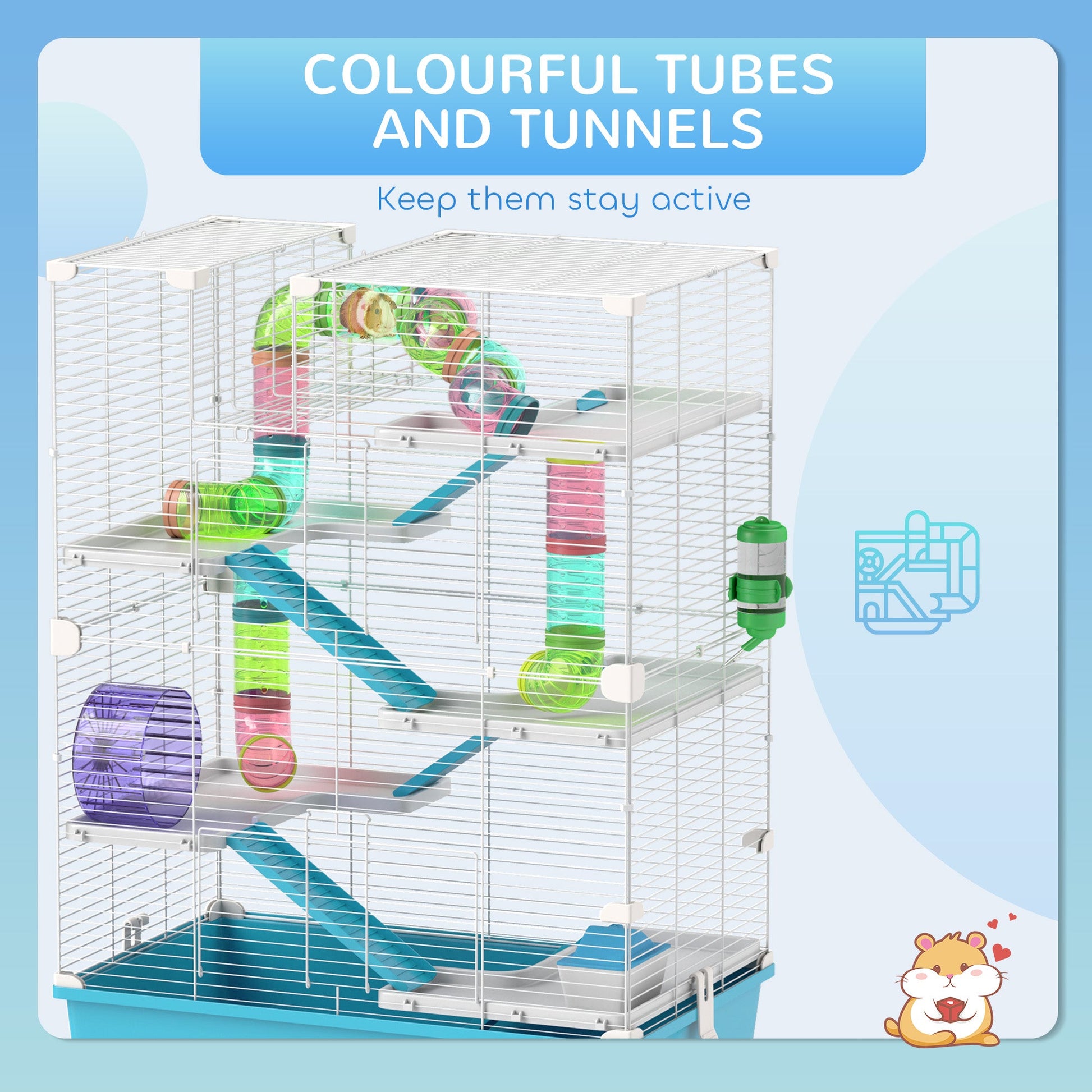 KFX-0392125 6-Tier Hamster Cage with Colorful Tubes, Ramps, Wheel, Hut, Food Dish & Water Bottle for Dwarf Hamsters and Gerbils - Light Blue